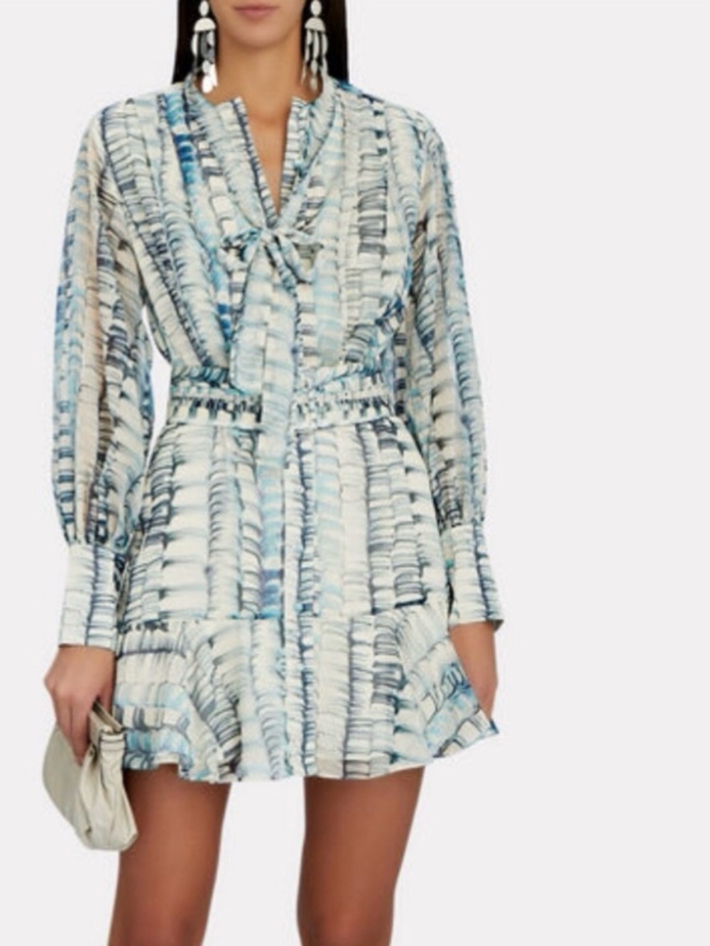 NWT Alexis Abstract Long Sleeve Zayd Blue Belted Printed Georgette Mini Dress
